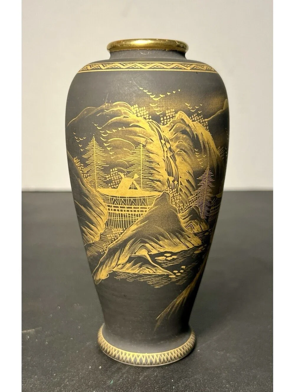 Japanese Vintage 1950s Sansui Landscape Porcelain Vase Gold On Grey Taiga, 2x6”